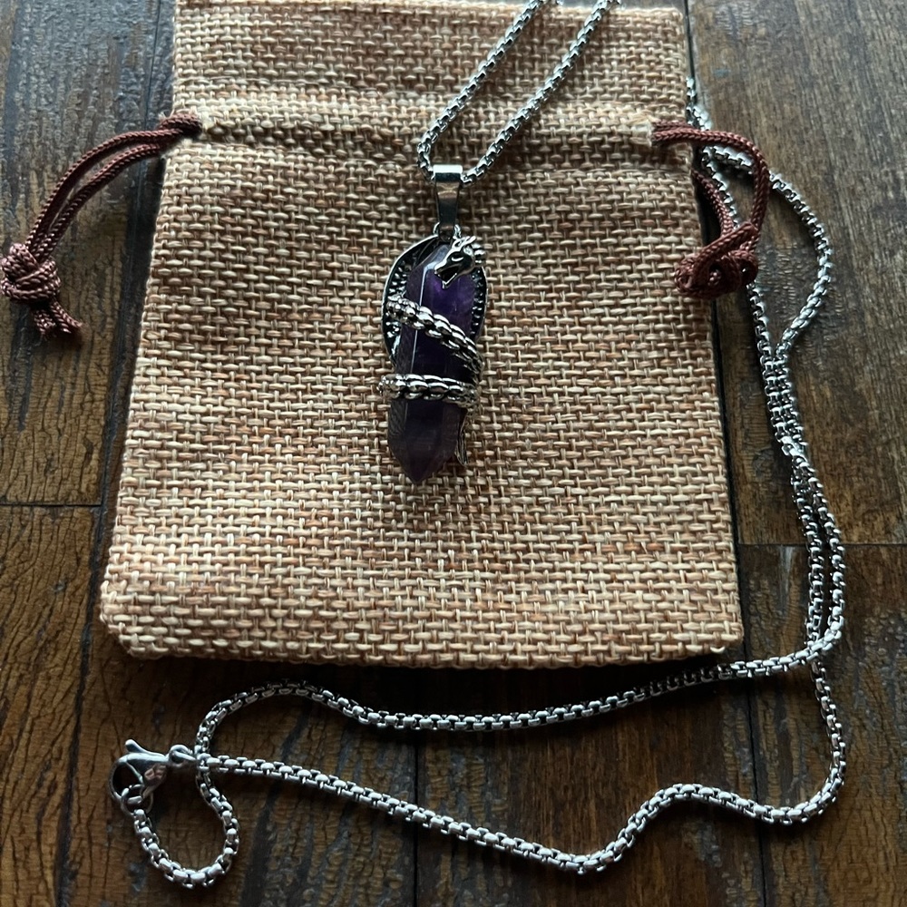 Amethyst Dragon Necklace Mens Crystal Necklace Amethyst Unisex Necklace